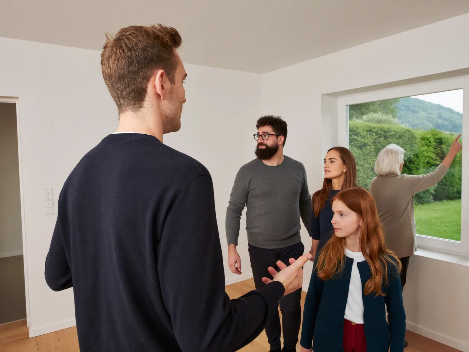 Makler zeigt einer Familie mit Großmutter ein Wohnzimmer